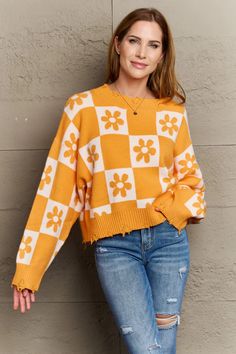 Mustard Floral Check Pattern Pullover Sweater – Via Vay Boutique Leave Me Be, Georgia Fashion, Dress Layer, Fuzzy Cardigan, Holiday Tops, Hottest Fashion Trends, Sweaters Online, Animal Prints, One Piece Dress