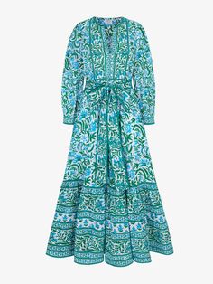 Hand-crafted from a mix of our favourite block-prints and borders, our Prairie dress is a real showstopper. Featuring a pretty, green and blue border yoke, the Prairie dress has a gathered, wafty fit and can be cinched in at the waist with the contrasting border belt. Throw on with sandals on holiday, this is a truly special piece you’ll treasure for life. Organic cotton. Unlined. Side seam pockets. Midi length. Waistless style with optional belt. Machine wash on a cold and gentle setting with similar colours. Care Guide: Handmade pieces are delicate, but when treated with care they can last a lifetime. Keep your item beautifully vivid by: Gentle machine washing on a cold temperature with a mild detergent. Wash with similar colours. When air drying your dresses, avoid hanging them in direc Green Cotton Peasant Dress, Amanda Jones, Pink City, Blue Border, Cap Fashion, Prairie Dress, Pretty Green, City Prints, On Holiday