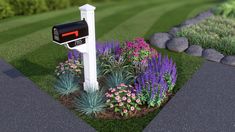 an artist's rendering of a mailbox in a flower bed with purple and pink flowers