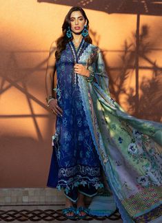 Bohemian Blue Sets With Digital Print, Bohemian Blue Digital Print Sets, Unstitched Blue Bohemian Sets, Blue Bohemian Unstitched Sets, Unstitched Bohemian Sets In Blue, Blue Bohemian Sets Unstitched, Festive Blue Floral Print Sets, Blue Summer Set With Dupatta, Blue Summer Sets With Dupatta