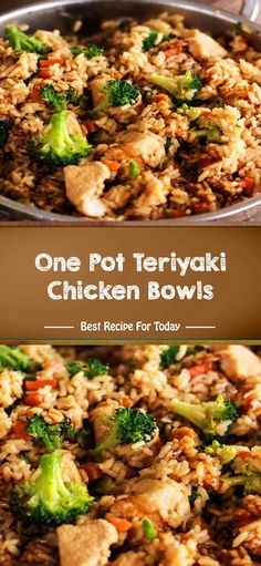 one pot teriyaki chicken bowls with broccoli and carrots in it