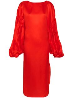 bright red silk boat neck pleat detailing to the neckline drop shoulder long puff plissé sleeves buttoned cuffs side slits mid-calf length unlined curved hem pull-on style Versace Outfit, Yoko London, Red Midi Dress, Frozen 2, Red Silk, Dress Red, Boat Neck, Bright Red, Mid Calf