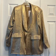 Gold Dressy Blazer. Never Worn With Tags. Elegant Gold Blazer For Night Out, Elegant Gold Blazer For Spring, Gold Long Sleeve Outerwear For Spring, Gold Spring Blazer For Office, Gold Blazer For Office In Spring, Chic Gold Long Sleeve Blazer, Chic Gold Blazer For Night Out, Gold Long Sleeve Outerwear For Night Out, Chic Gold Blazer For Winter