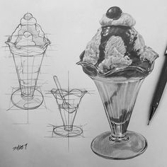 Tutorial Drawing. Chocolate Sundae Ice Cream, Ice Cream Tutorial, Sundae Ice Cream, Animal Tutorial, Chocolate Sundae, Tutorial Drawing, Flower Drawing Tutorials