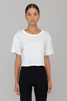 Our take on the cropped tee in our new Laura fabric - 100%, breathable recycled cotton. Featuring dropped shoulders and a wide crew neckline, The Laura Crop Boxy Tee is a classic silhouette designed to live in and last a lifetime. Relaxed Fit Cropped T-shirt For Everyday, Basic Boxy Fit Cropped Tops, Basic Boxy Crop Top With Crew Neck, Basic Boxy Fit Crop Top With Crew Neck, Basic Crew Neck Crop Top With Relaxed Fit, Basic Boxy Fit Cropped T-shirt, Basic Relaxed Fit Cropped Shirt With Crew Neck, Cropped Boxy Fit T-shirt, Boxy Cotton Crop Top With Crew Neck