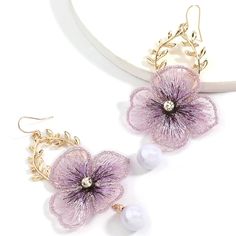 LOVCIA Elegant Floral Pearl Mesh Petal Earrings in Contemporary Design Style LOVCIA Purple Flower Earrings For Spring Party, Spring Party Purple Flower Earrings, Purple Earrings For Spring Party, Elegant Summer Earrings With Flower Decoration, Elegant Purple Jewelry For Summer, Elegant Purple Summer Jewelry, Elegant Summer Purple Jewelry, Elegant Purple Flower Earrings For Party, Purple Bridal Earrings For Party