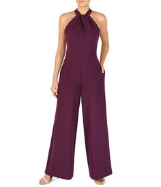 Summer Workwear Halter Neck Jumpsuit, Summer Workwear Halter Neck Jumpsuits And Rompers, Formal Halter Neck Jumpsuits And Rompers For Summer, Formal Halter Neck Jumpsuit For Summer, Summer Formal Strapless Halter Neck Jumpsuit, Formal Strapless Halter Neck Jumpsuit For Summer, Elegant Halter Neck Jumpsuit For Work, Chic Sleeveless Overalls For Workwear, Solid Halter Neck Jumpsuit For Date Night