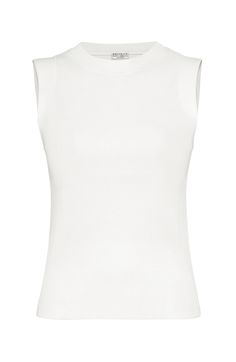 A small percentage of spandex perfects the lightweight and soft ribbed cotton jersey’s comfort. Crew-neck Off-the-shoulder style Nickel-free monili decoration High Stretch Elastane Tank Top, Ribbed High Stretch Elastane Tops, High Stretch Ribbed Elastane Tops, Classic Stretch Ribbed Tops, Classic White Elastane Top, Classic High Neck Top With Ribbed Neckline, Fitted Sleeveless Top With Ribbed Neckline, Chic Fine Knit Elastane Tops, Sleeveless Fitted Top With Ribbed Neckline