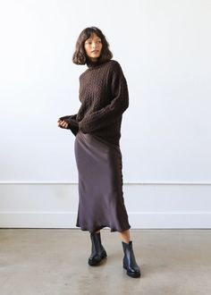 Sophia Skirt in Brown Silk - ESTELLA Silky Skirt Outfit Fall, Bias Midi Skirt Outfits, Brown Satin Midi Skirt Outfit, Everyday Elegant Outfits, Silk Midi Skirt Outfit Winter, Brown Silk Skirt Outfit, Croatia Clothes, Brown Satin Skirt Outfit, Long Brown Skirt Outfit