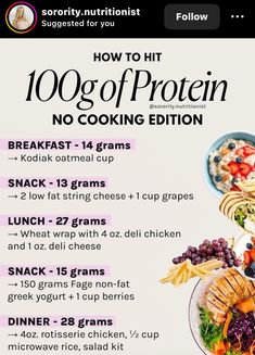 an advertisement for a healthy meal with the words how to hit 100g of protein no cooking