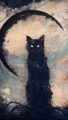 a black cat sitting in front of a painting with the moon behind it's eyes