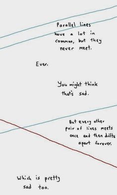 two lines with words written on them and one line that says, parallel lines have a lot in common, but they never meet