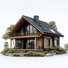 a small wooden house with a porch and balcony