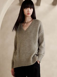 Salma Wool-Cotton Sweater | Banana Republic Classic Relaxed Fit Long Sleeve V-neck Sweater, Chic Wool V-neck Long Sleeve Sweater, Long Sleeve Merino Wool V-neck Sweater For Layering, Cozy V-neck Merino Wool Sweater, Classic Long Sleeve Merino Wool V-neck Sweater, Cut Top, Fall Coat, Cotton Sweater, Curator Style