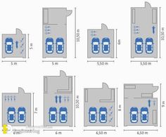 four parking spaces are shown in blue and white, with the measurements for each car