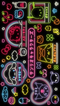 an image of neon signs and symbols on a black background with the words hello kitty written in