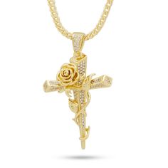 With the beauty of the rose and symbolic meaning of the cross, the Thorned Cross necklace is a unique and vibrant piece perfect for both men and women. Each carefully detailed piece features handset CZ stones that offer a shimmering display. Available in 14K Gold plating or White Gold plating Paired with a 2.5mm 20" Stainless Steel Franco Chain Quinceanera Jewelry, Jewelry By Brand, Jewelry King, Popular Jewelry, Hip Hop Jewelry, Cross Jewelry, Fine Jewelry Designers, Jewelry For Her, Sea Glass Jewelry