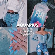 a woman with blue nail polish holding a bottle of aquarius water and wearing ripped jeans