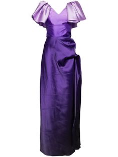 Formal Purple Silk Dress, Silk Evening Dress With Folds, Taffeta Maxi Evening Dress, Formal Taffeta Maxi Dress, Floor-length Satin Dress With Folds, Formal Maxi Length Evening Dress With Folds, Formal Purple Dress With Pleated Bodice, Purple Dress With Pleated Bodice For Gala, Elegant Purple Dress With Ruched Bodice