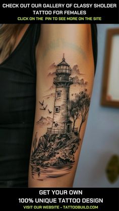 a woman's arm with a lighthouse tattoo on it and the words get your own 100