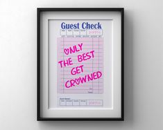 a pink poster with the words guest check on it in black frame against a white wall