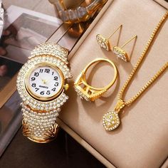 Luxury Watch Rhinestone Women Wristwatch For Girl Ladies Jewelry Set Gold Rhinestone Alloy Jewelry Sets, Gift Watches With Crystal And Rhinestones, Gold Alloy Watch For Gift, Gold Crystal Diamond Watch For Formal Occasions, Elegant Round Diamond Watch With Crystal Accents, Elegant Round Diamond Watch With Crystal, Gold Cubic Zirconia Watch As Gift, Elegant Round Crystal Diamond Watch, Round Crystal Watch As Gift