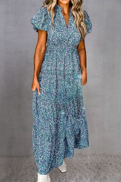 Tiered Printed Notched Short Sleeve Dress - Casual & Maxi Dresses - FITGGINS