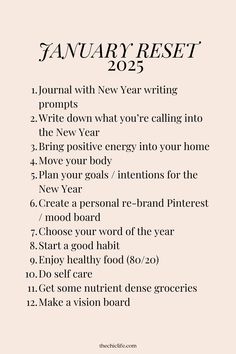 Click for a FREE guide and set of checklists to help you do a January Reset 2025 so you can have your best year yet. Use this list of 2025 New Year Reset ideas for reflection, clearing, letting go, and make space in 2024 to prep for the new year in 2025. And also use this list to plan, bring in positive energy, and set yourself up for success in 2025. Happy New Year! Save this with your self care ideas or add it to your vision board! Features a chic neutral / off white aesthetic. Self Care January, How To Make 2025 Your Year, New Years Goal Setting, New Year Reset Checklist, New Year Prep, New Year Resolution Aesthetic, Things To Do Before The New Year, January Self Care Challenge, Goals For 2025