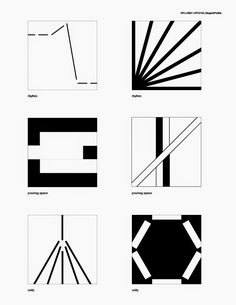 four different types of lines and shapes in black and white, each with one line going through the center