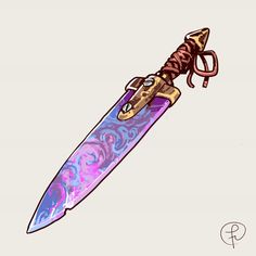 a drawing of a purple and blue knife with a brown cord on it's end