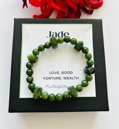 **A Beautiful Canadian Nephrite Jade Bracelet Gemstone that helps promote health and for goodluck. Each stone represents healing, energy, and protection** **6mm-8mm Canadian Jade Natural stones** Green Charms, Good Luck Bracelet, Jade Necklace, Jade Bracelet, Minimalist Bracelet, Natural Shapes, Pretty And Cute, Gemstone Bracelet, Bracelet Gift