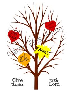 a family tree with the words give thanks and two hearts hanging from it's branches