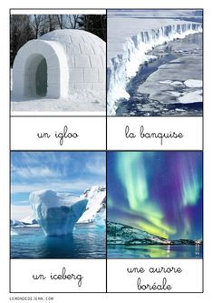 four different pictures with an iceberg and the words igloo, la langaise