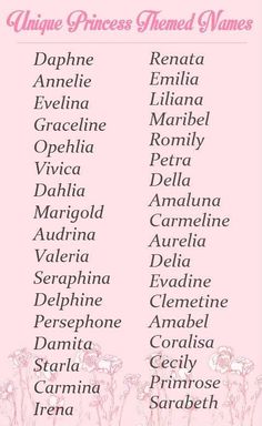 the names of princesses in english and spanish on a pink background with white flowers