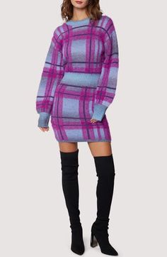 Ribbing at the waist creates a shapely silhouette on this fuzzy wool-kissed sweater-dress covered in bold plaid and knit to a leggy length. 36 1/2" length (size Medium) Slips on over head Crewneck Long sleeves with ribbed cuffs 44% polyester, 32% nylon, 22% acrylic, 2% wool Hand wash, line dry Imported Long Sleeve Sweater Dress, Dress Cover, Nordstrom Dresses, Purple Dress, Sleeve Sweater, Long Sleeve Sweater, Sweater Dress, Hand Wash, Slip On