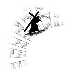 a black and white drawing of a person holding a cross on top of a hill