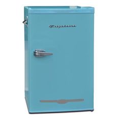 an old fashioned blue refrigerator on a white background