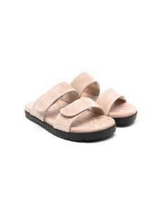 beige suede double-strap design front touch-strap fastening almond open toe branded leather insole rubber sole Suede Open Toe Sandals With Rubber Sole, Suede Sandals With Rubber Sole And Open Toe, Beige Suede Open Toe Sandals, Double Strap Suede Sandals With Suede Lining, Suede Sandals With Double Strap And Suede Lining, Beige Suede Sandals With Removable Insole, Beige Suede Footbed Sandals With Round Toe, Suede Double Strap Slides With Removable Insole, Suede Slides With Removable Insole And Double Strap