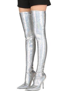 null Glamorous Knee-high Boots, Fitted Sequin Boots For Night Out, Fitted Silver Glamorous Knee-high Boots, Glamorous Thigh-high Party Boots, Glamorous Knee-high Boots For Party, Fitted Boots For Party Season, Trendy Over-the-knee Boots For Party, Chic Fitted Sequin Boots, Silver Knee-high Boots For Night Out