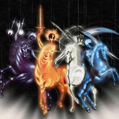 the four unicorns are all different colors and sizes, with one horse in the middle