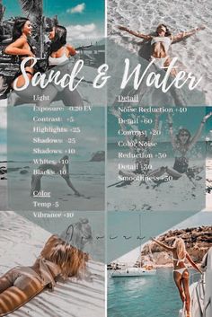 the flyer for sand and water shows two women in bikinis, one laying on her stomach