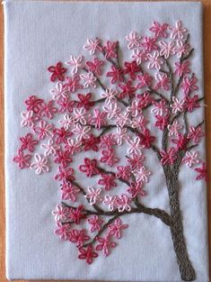 a pink flowered tree is on a white piece of fabric