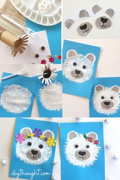 four pictures of polar bear made out of crochet and yarn with flowers on their head