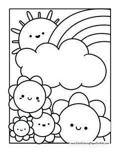 a coloring page with clouds and sun in the sky, two small children are standing next to each other