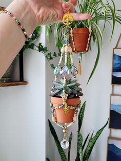 a plant hanging from the ceiling with beads and charms attached to it's sides