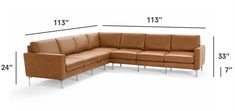 the sectional couch is shown with measurements for each seat and back side, as well as its size