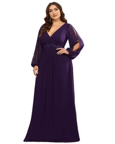 a woman in a long purple dress with sheer sleeves and an embellished belt