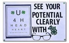 a sign with glasses and clovers on it that says see your potential clearly with 4h