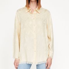 Brand New / Unworn Zara Textured Blouse Ecru / Cream Frayed Seams Button Closure Cream Button-up Shirt For Spring, Spring Cream Shirt With Button Closure, Spring Cream Blouse With Button Closure, Cream Blouse With Button Closure For Spring, Cream Blouse With Button Closure For Daywear, Zara Cream Blouse For Workwear, Zara Cream Blouse For Work, Cream Shirt For Spring Workwear, Zara Cream Blouse For Fall