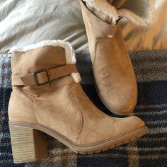 Tried On And Never Worn Outside Of Home. Faux Suede And Faux Sherpa Lined. Size 9 And Fit True To Size. Adorable Boots! Winter Booties With Buckle Closure And Medium Width, Brown Winter Booties With Buckle Closure, Sherpa Lined, Shoes Heels Boots, Faux Suede, Shoes Women Heels, Heeled Boots, American Eagle Outfitters, American Eagle